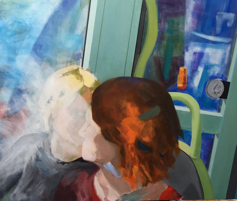 Le Tram n°4 Croisement — painting, Valérie Billet
